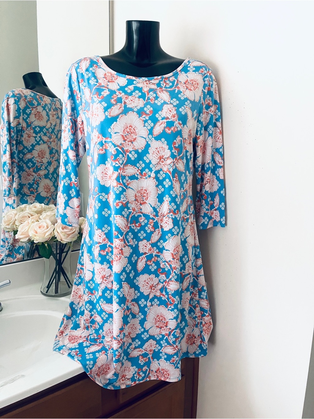 RUBY RD Floral Womenโs Dress size M/8 Blue Sundress Medium Stretch A-line